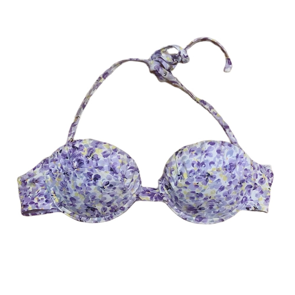 Topshop purple, yellow and white floral bikini top with removable straps, size 8